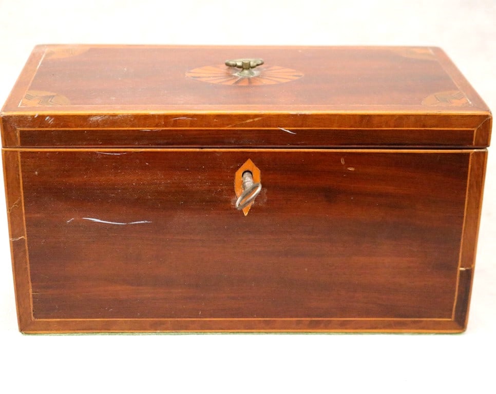 GEORGE III INLAID MAHOGANY HINGED-TOP RECTANGULAR TEA CADDY. - Height: 5 1/2". Top, 10 1/4" x 5 (1 of 20)