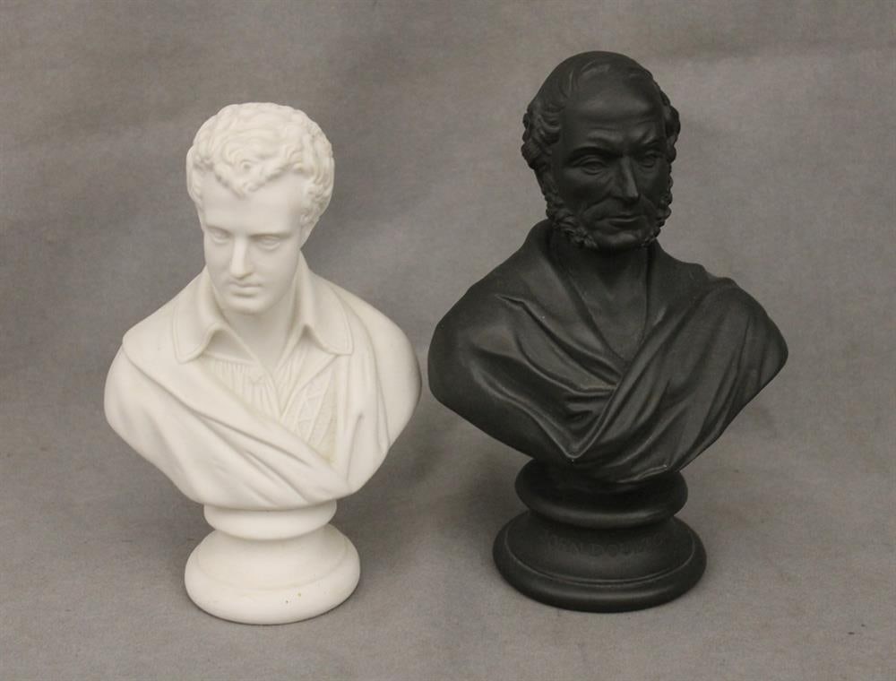 TWO ENGLISH BISQUE BUSTS OF NOTABLES, late 19th century. - Taller, H: 8 in.: TWO ENGLISH BISQUE BUSTS OF NOTABLES, late 19th century. One, black, by Royal Doulton; one , white - Taller, H: 8 in.