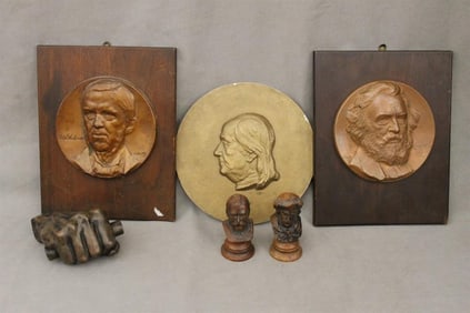 SIX ASSORTED LATE 19TH-20TH CENTURY PLAQUES AND FIGURES OF NOTABLES,