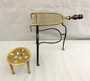 TWO BRASS FIREPLACE TRIVETS, late 18th/19th century.