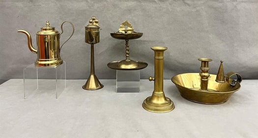 FIVE ANTIQUE BRASS TABLE ARTICLES, circa 1820.