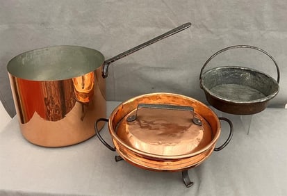 THREE ANTIQUE COPPER VESSELS INCLUDING LARGE COPPER POT SIGNED PAUL BAYER, PHILADELPHIA, AND FRENCH