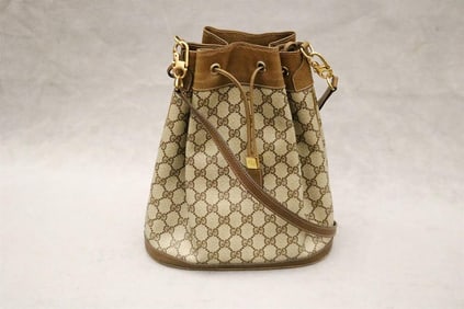 VINTAGE GUCCI GG MONOGRAM BROWN BEIGE DRAWSTRING BUCKET BAG,