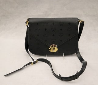 MCM VINTAGE BLACK MONOGRAM VISETOS CROSSBODY BAG .