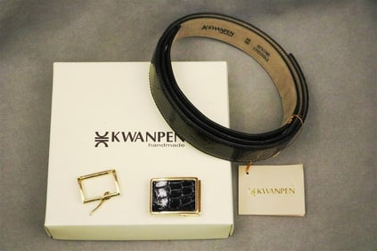 GENTLEMAN'S ITALIAN HANDMADE BLACK CROCODILE BELT WITH GOLD-PLATED AND CROCODILE RECTANGULAR BUCKLE.