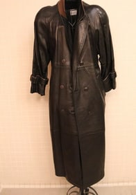 VINTAGE MEN'S BLACK LEATHER DOUBLE-BREASTED TRENCH COAT MADE BY JANE ADAMS FOR RIVIERA STYLES.