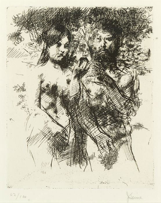 JACK LEVINE (American, b. 1915). ADAM A: JACK LEVINE (American, b. 1915). ADAM AND EVE, signed J. Levine and numbered 62/100. Etching and drypoint - plate: 9 3/4 in. x 7 3/4 in.