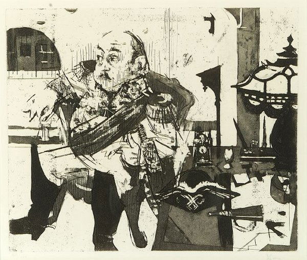 JACK LEVINE (American, b.1915). GENERAL: JACK LEVINE (American, b.1915). GENERAL IN HIS STUDY, signed J. Levine and numbered 82/100. Etching and drypoint - plate: 15 in. x 17 1/2 in.