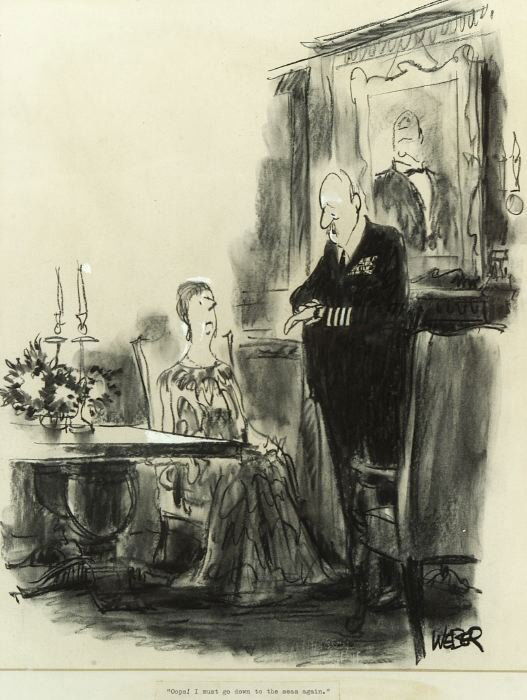 ROBERT WEBER (American, b. 1924). OOPS: ROBERT WEBER (American, b. 1924). OOPS I MUST GO DOWN TO THE SEA AGAIN, signed lower right, charcoal and highlight - 15 in. x 11 3/4 in. A cartoon for the New Yorker magazine, May 25, 1968 issue.
