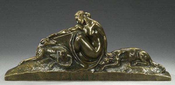 AMADEO GENNARELLI (French, b. 1930). NY: AMADEO GENNARELLI (French, b. 1930). NYMPH WITH TWO DOGS, signed A. Gennarelli on the base. Bronze, greenish-gold patina - H: 13 in.; L 31 in.