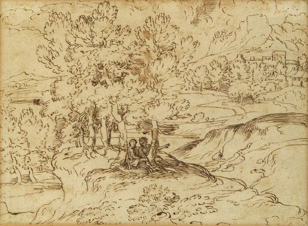 SCHOOL OF ANNIBALE CARRACCI (Italian, 15: SCHOOL OF ANNIBALE CARRACCI (Italian, 1560 - 1609). FIGURES UNDER TREES, pen and ink. Label verso (Collections W. Russell, R. Dumesnil, Ex. Collections W. Russell 1 800-48 LUGT 2648 & 'RD' A.P.F. Robe