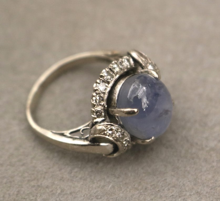 LOW KARAT WHITE GOLD, DIAMOND AND BLUE STAR SAPPHIRE RING Ring size: 6 1/2. (1 of 15)