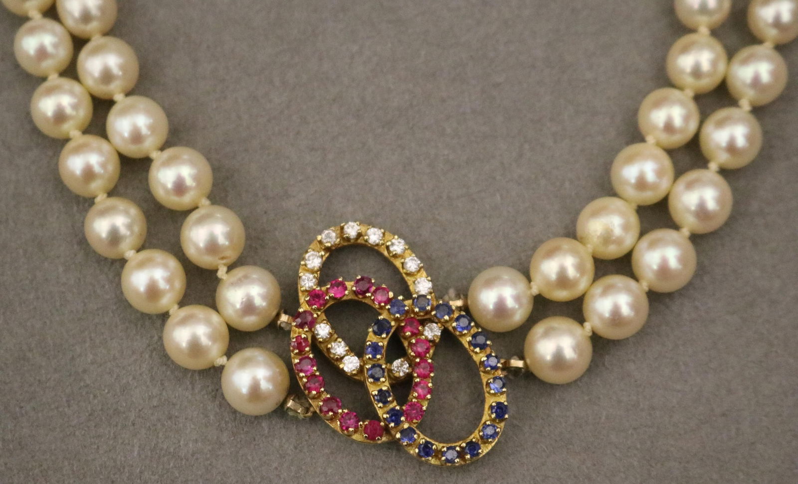 14K YELLOW GOLD, CULTURED PEARL, DIAMOND, SAPPHIRE AND RUBY CHOKER (1 of 19)