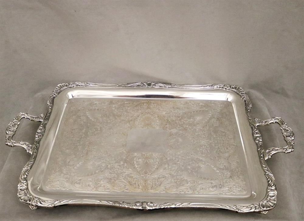 HEAVY SILVER PLATED TWO-HANDLE, SHAPED RECTANGULAR, FOOTED SERVING TRAY. - L: 22 1/4 in., between (1 of 7)