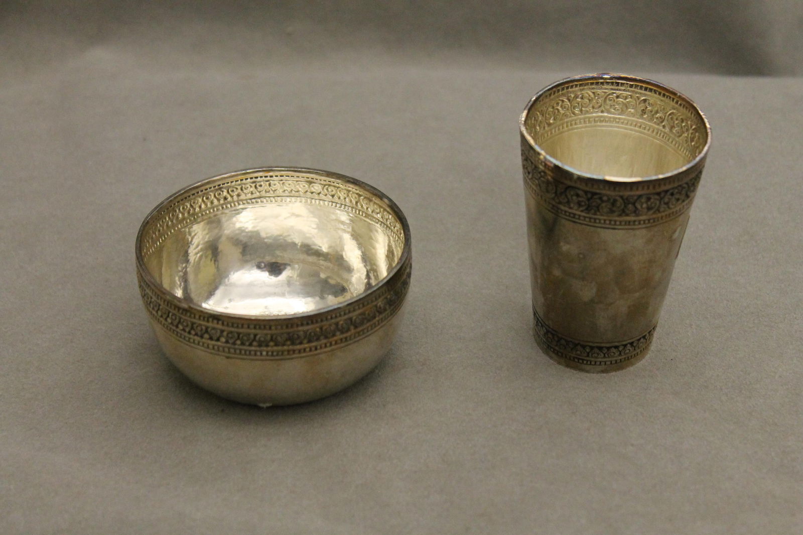 INDIAN SILVER FLARING CUP AND CIRCULAR BOWL, Cup, H: 3 1/8 in. Wt. 4 troy oz. (1 of 3)