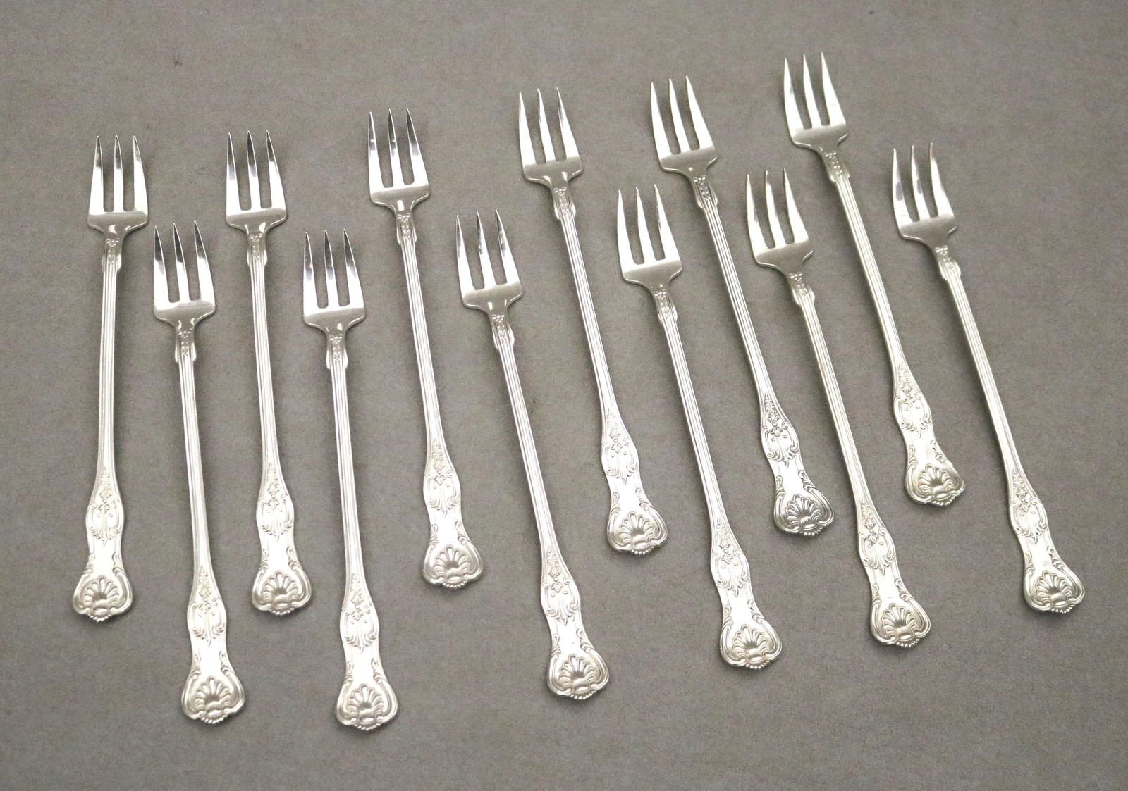 SET TWELVE "KING'S PATTERN" SILVER SEAFOOD/COCKTAIL FORKS Retailed by Bailey, Banks & Biddle Wt. 7 (1 of 12)