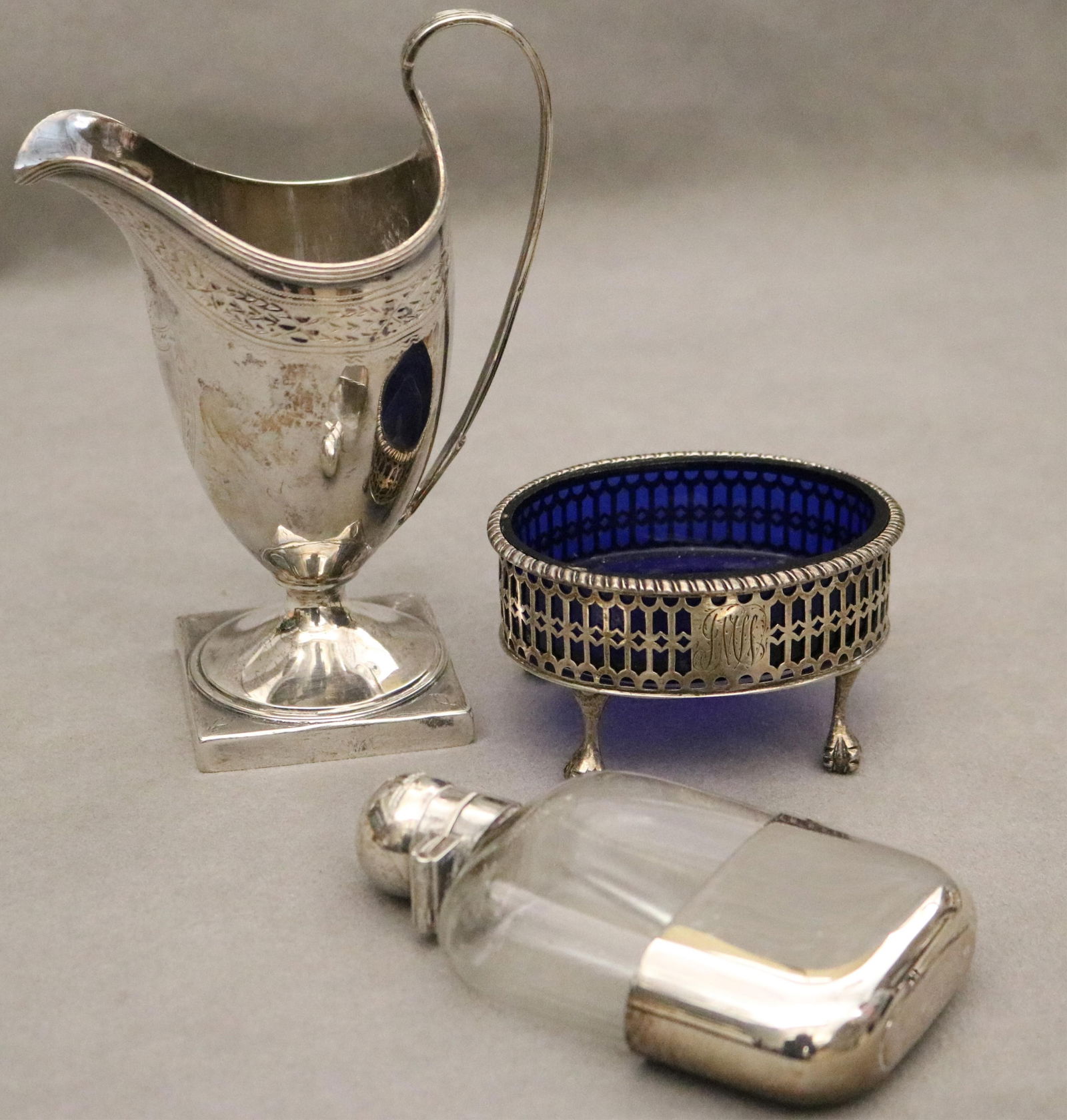 THREE ASSORTED ENGLISH SILVER ITEMS Creamer, H: 5 5/8 in. Weighable silver, 6.2 troy oz. (1 of 18)