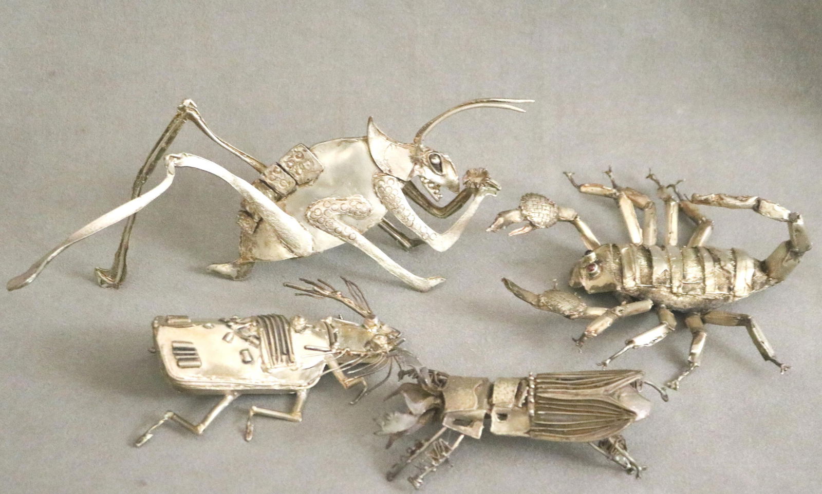 Judith Pestronk, American, active New York 1924-2024, SET FOUR HAND-CRAFTED STERLING SILVER INSECTS: (1 of 5)