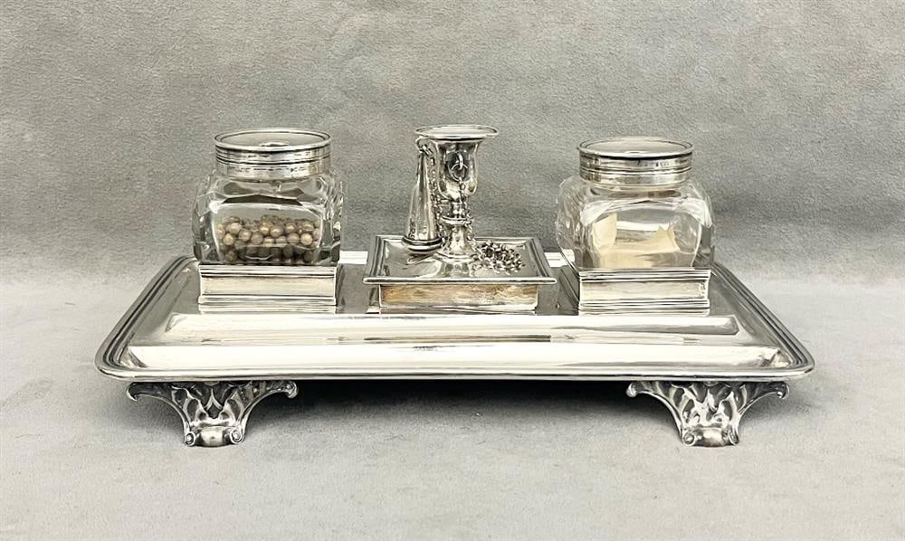 GEORGE III SILVER STANDISH. Made London, 1788-89, by William Eley. - 9 3/8" x 6 1/4". Silver wt: 20 (1 of 12)