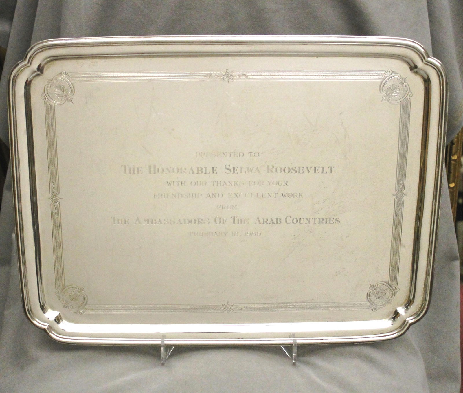 ENGLISH STERLING SILVER RECTANGULAR SERVING TRAY Made London, 1929, by EB Lmtd 15 1/8 in. x 20 in. (1 of 5)