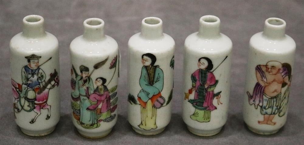 FIVE CHINESE FAMILLE ROSE PORCELAIN SNUFF BOTTLES. Figural decoration - H: 3 3/8". (1 of 16)