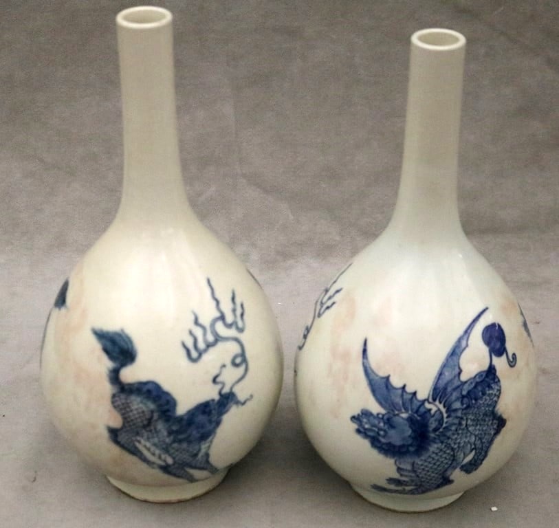 PAIR CHINESE BLUE AND WHITE PORCELAIN DRAGON-DECORATED BOTTLE VASES, - H: 12 in. (1 of 20)