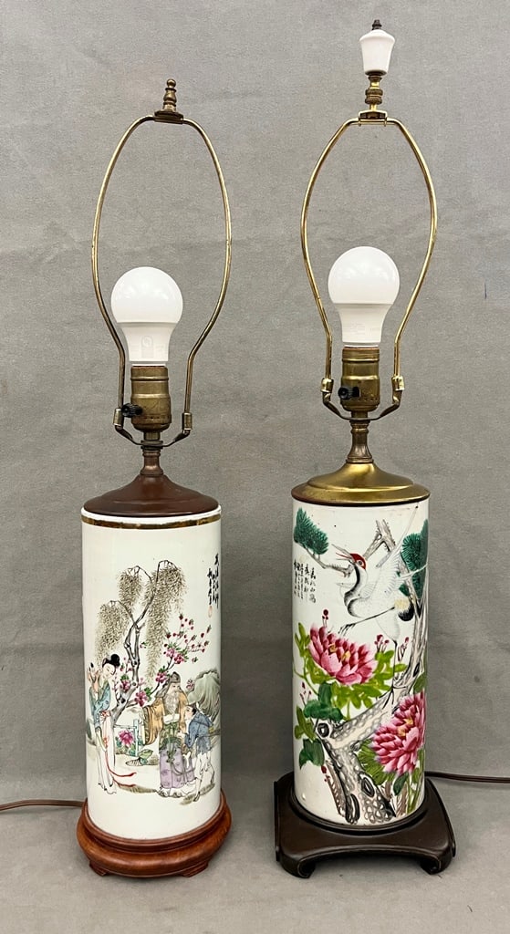 TWO SIMILAR CHINESE POLYCHROME DECORATED PORCELAIN CYLINDRICAL VASES MOUNTED AS TABLE LAMPS. One, (1 of 12)