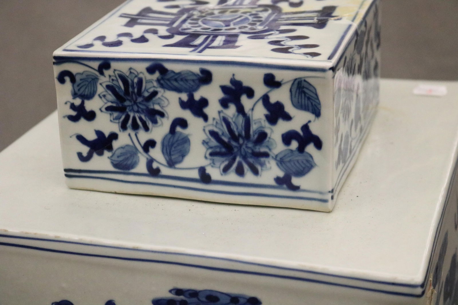 CHINESE BLUE AND WHITE CERAMIC LIFT-COVER SQUARE-SIDED JAR H: 20 1/4 in. 10 1/4 in. square (1 of 11)