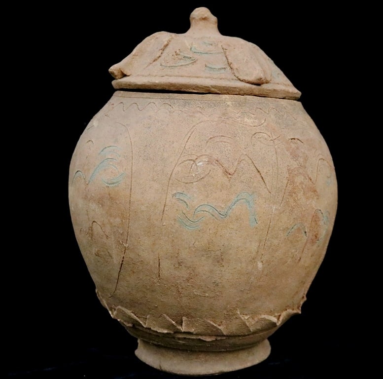 CHINESE MOLDED, CARVED, AND PAINTED POTTERY LIDDED LOTUS JAR, Five Dynasties and Ten Kingdoms (1 of 20)