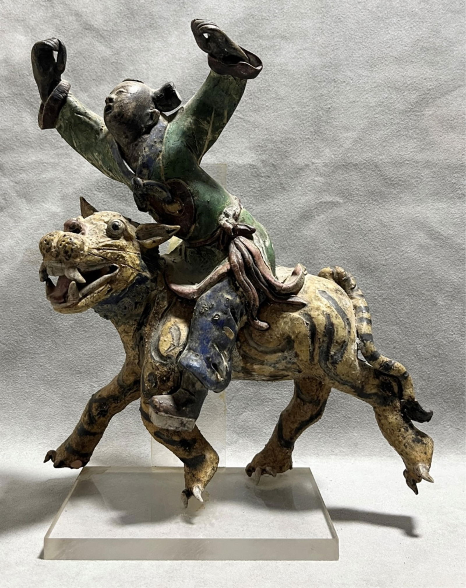 CLASSIC CHINESE SANCAI LEAD-GLAZED CERAMIC TOMB FIGURE OF "LUCKY BOY" RIDING TIGER H: 11 in. (1 of 15)