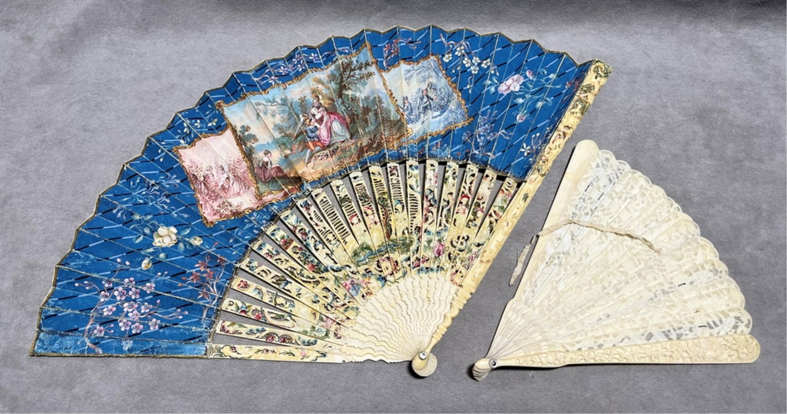 TWO PAINTED "THOUSAND FACES" MANDARIN CHINESE EXPORT FOLDING HAND FANS L (larger): 10 1/2 in. (1 of 20)