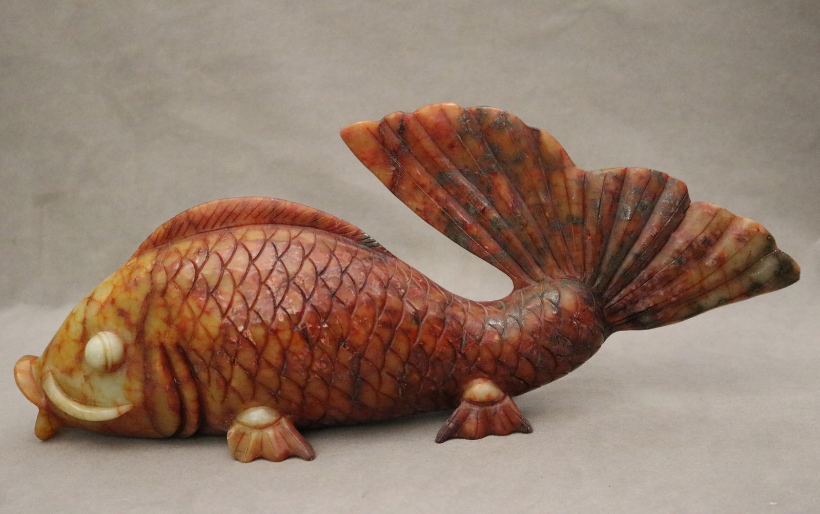 CHINESE CARVED HARDSTONE FIGURE OF CARP. H: 6 3/4 in. L: 16 in. (1 of 8)