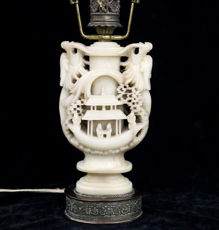 CHINESE CARVED WHITE HARDSTONE LAMP. Carved to depict traditional tiered pagoda surrounded by (1 of 20)