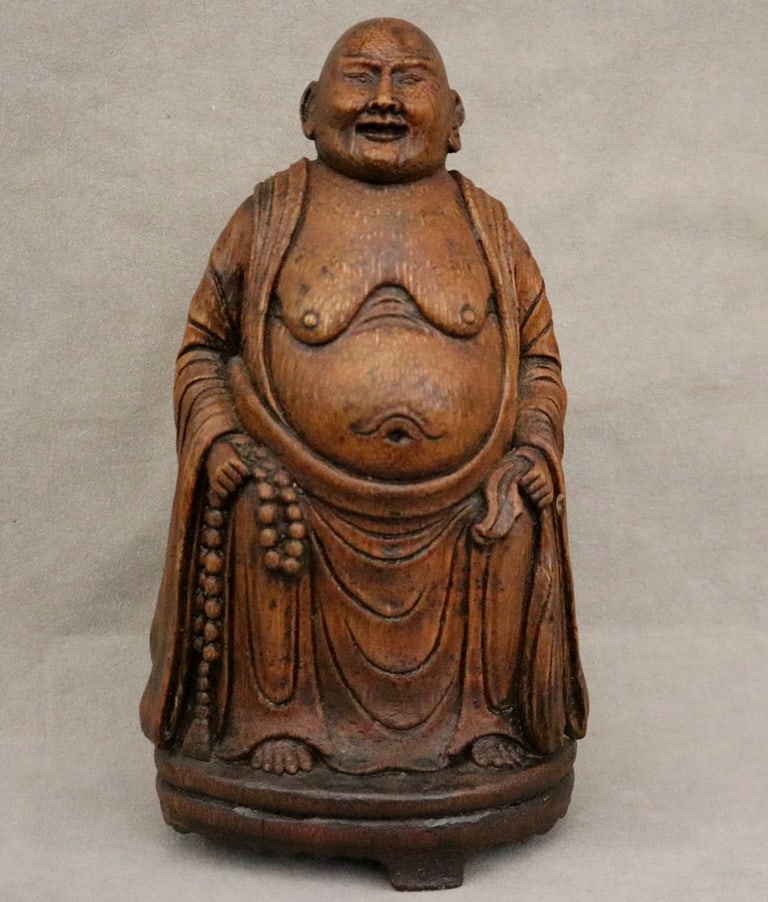 CHINESE BAMBOO ROOT CARVING OF THE BUDDHA OF THE FUTURE, MAITREYA. Chinese patinated bamboo root: CHINESE BAMBOO ROOT CARVING OF THE BUDDHA OF THE FUTURE, MAITREYA. Chinese patinated bamboo root carved statue of Maitreya (Ajita), The Future Buddha, a compassionate bodhisattva. In East Asia, Maitr