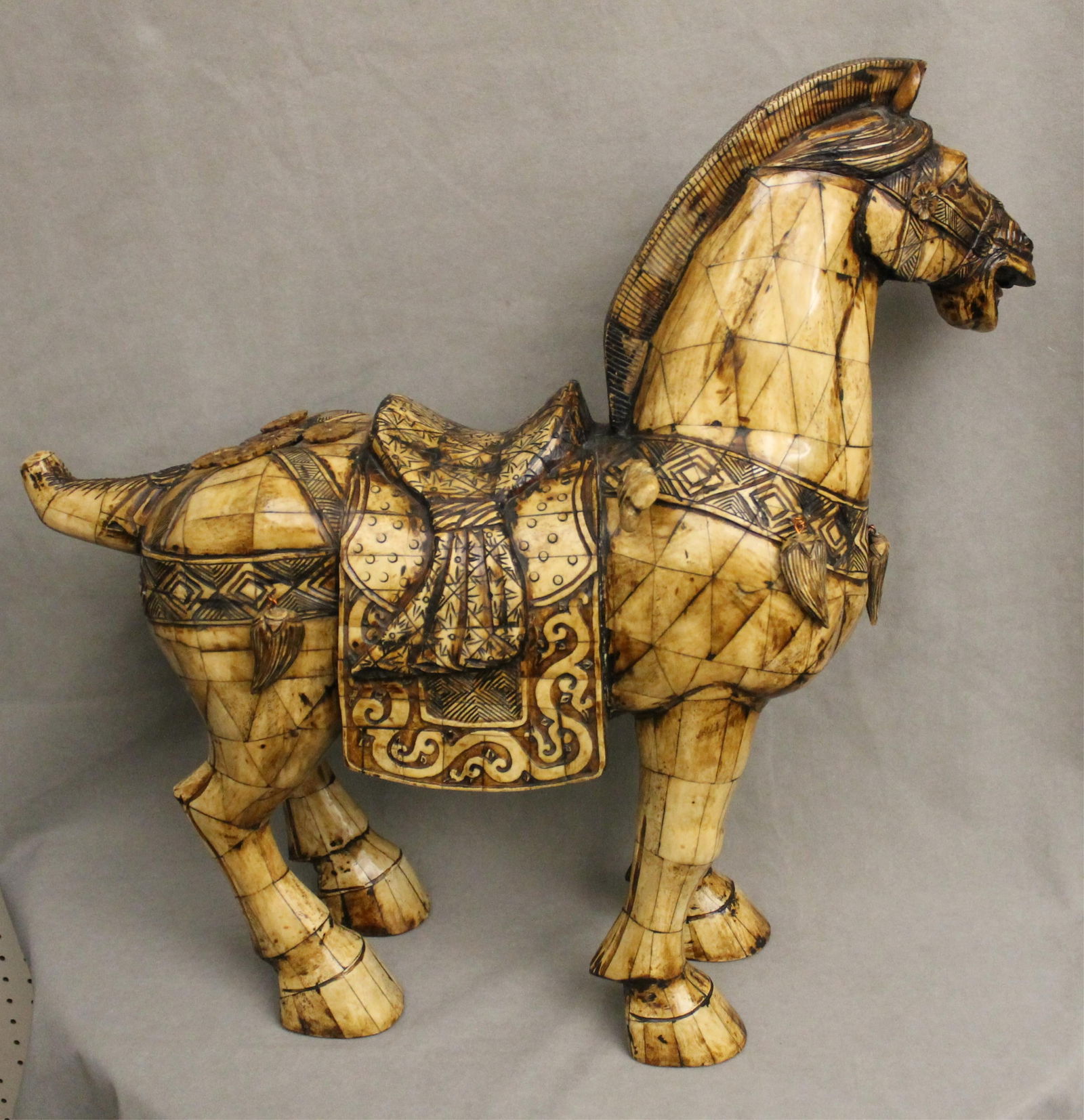 CHINESE TANG-DYNASTY STYLE BONE MOSAIC FIGURE OF STANDING HORSE H: 24 3/4 in. L: 26 1/2 in. (1 of 13)
