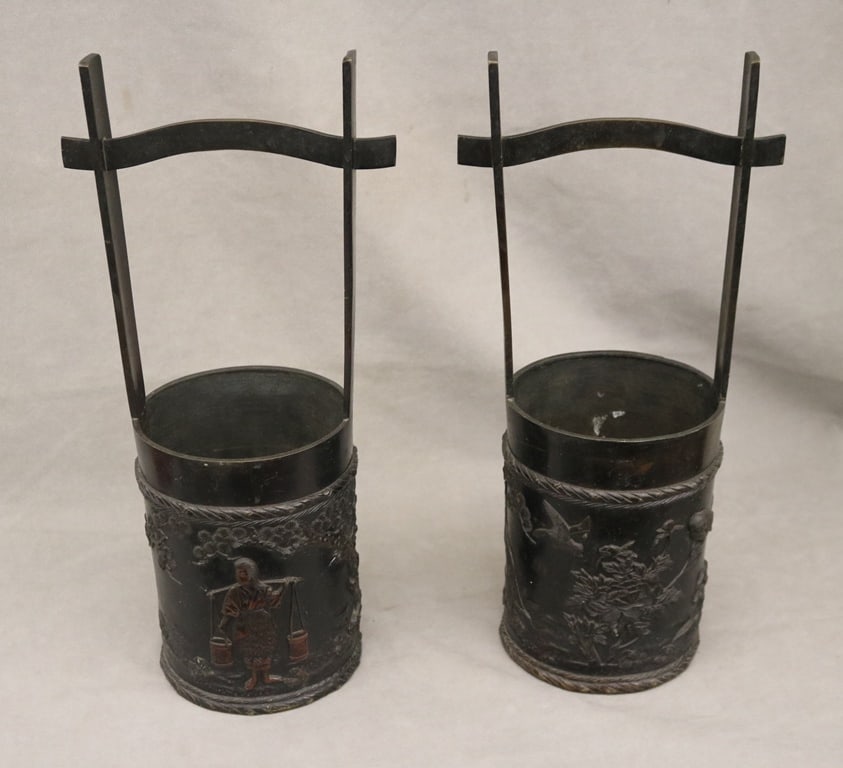 PAIR JAPANESE BRONZE CYLINDRICAL WATER BUCKETS OR TSURUBE. Meiji period,19th century. Cast in relief (1 of 5)