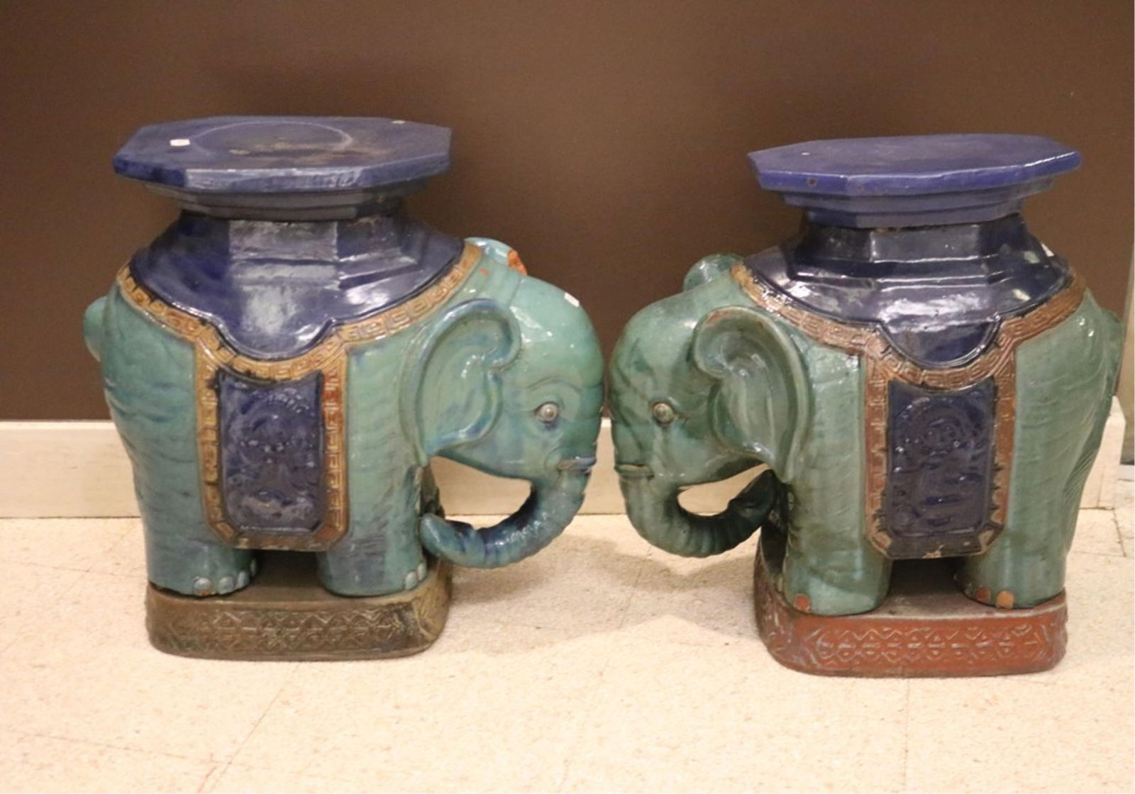 PAIR BLUE AND GREEN GLAZED TERRACOTTA ELEPHANT GARDEN SEATS H: 20 1/2 in. L: 19 1/2 oin. (1 of 8)