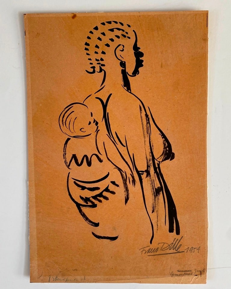 FRANS DILLE (Belgium, 1909- 1983). African Woman Carrying a Baby on her Back, 1954, Ink drawing on: FRANS DILLE (Belgium, 1909- 1983). African Woman Carrying a Baby on her Back, 1954, Ink drawing on tracing paper laid down to a board. The drawing is executed in bold, rapid, and black brushstrokes de