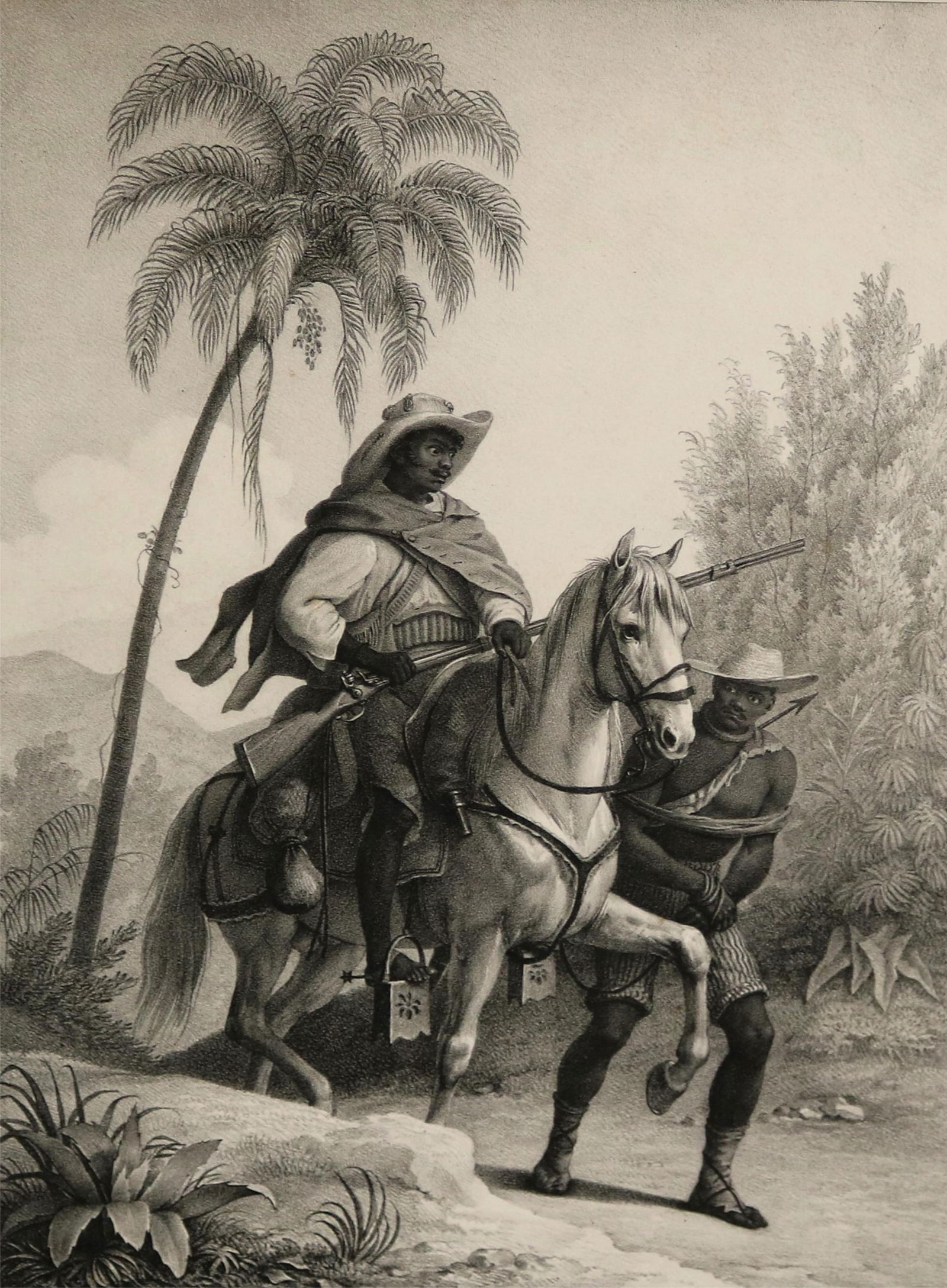 "Capitao do Matto" (Bush Captain or slave catcher), 19th century Sheet: 17.25 x 12.75 inches; image:: "Capitao do Matto" (Bush Captain or slave catcher), 19th centuryMonochrome lithograph, titled "Capitao do Matto" (Bush Captain), depicts a historical scene in a tropical Brazilian landscape, featuring