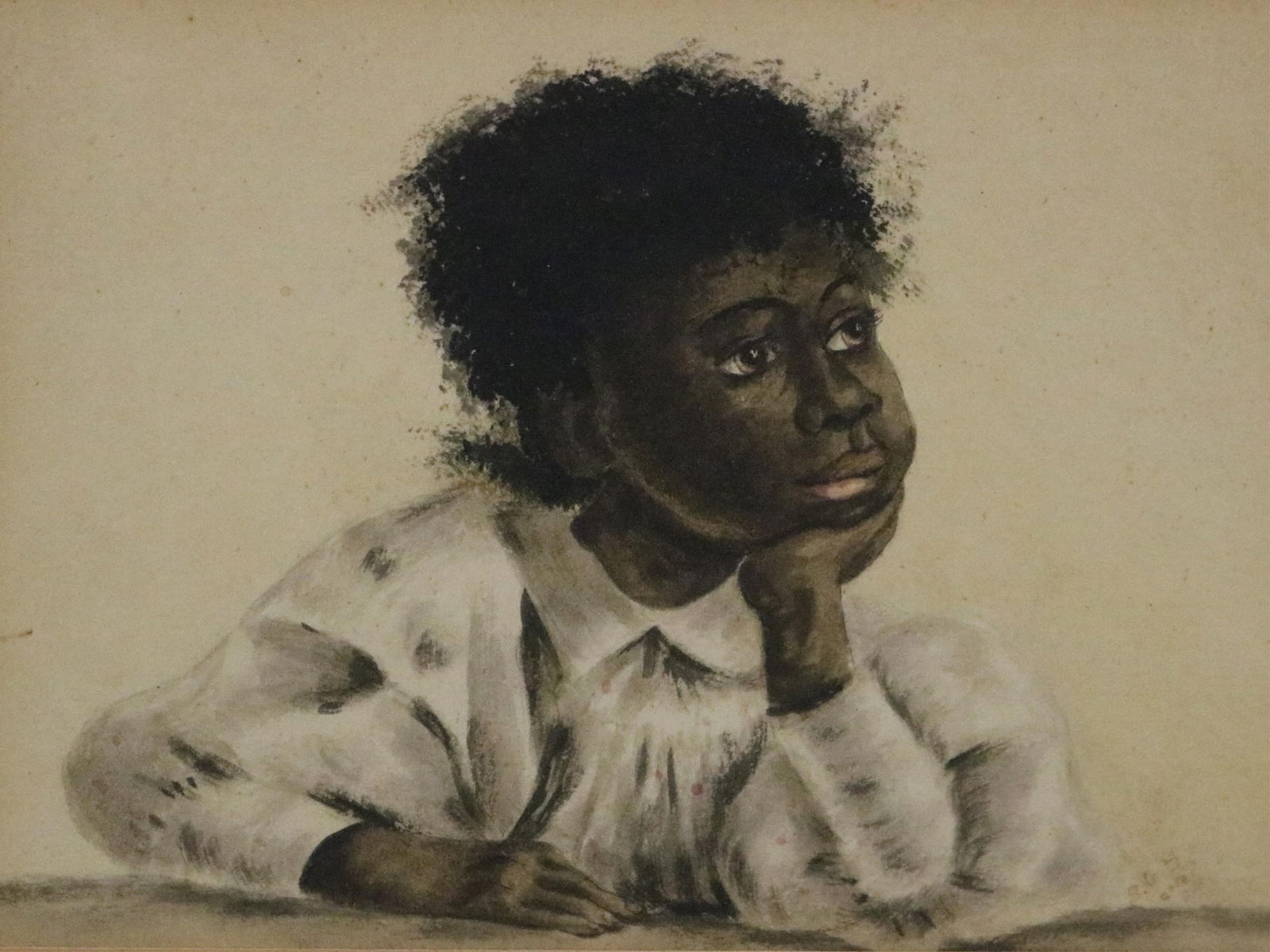 American School , late 19th century / early 20th century, Black Child in a Three-quarter Profile: AMERICAN SCHOOLlate 19th century / early 20th centuryBlack Child in a Three-quarter Profile PoseWatercolorWatercolor of a young Black child in a contemplative, three-quarter profile pose. Indecipherab