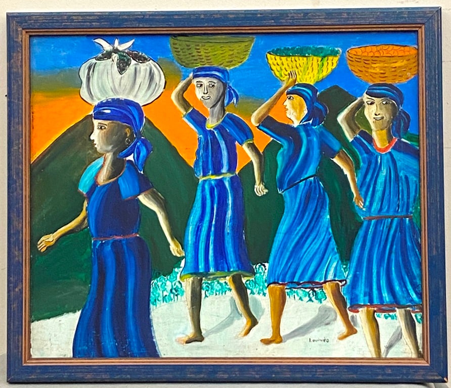 LOUINES MENTOR (Haitian, b. 1936). Going to Market, circa 1960's, Oil on masonite board. Signed (1 of 14)