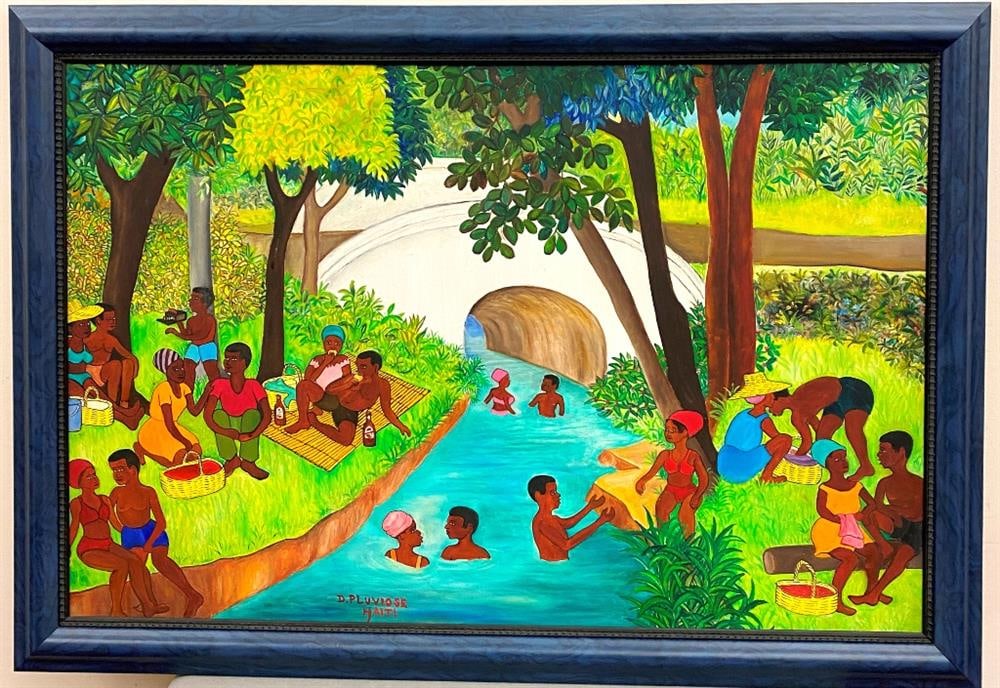 DIEUDONNE PLUVIOSE (Haitian, b. 1928). River Scene, circa 1970's, Oil on board. Signed lower left. (1 of 16)
