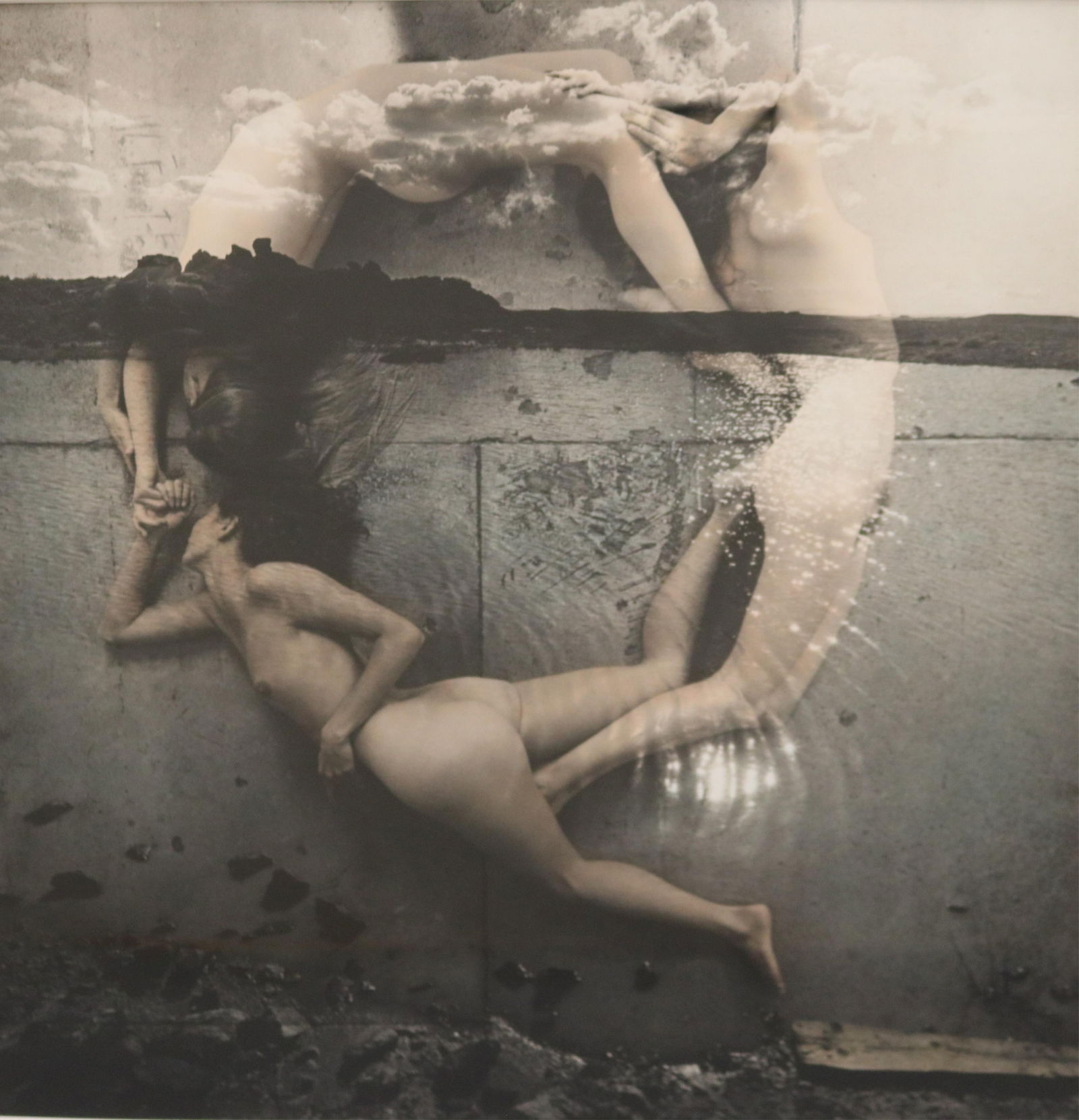 CONTEMPORARY AMERICAN PHOTOGRAPHER , (20th century). UNTITLED, Size (as matted): 16.5 x 16.5 inches;: CONTEMPORARY AMERICAN PHOTOGRAPHER20th centuryUNTITLEDColor photograph features a circular arrangement of three nude female figures, whose bodies interlock to create a continuous, flowing loop and let