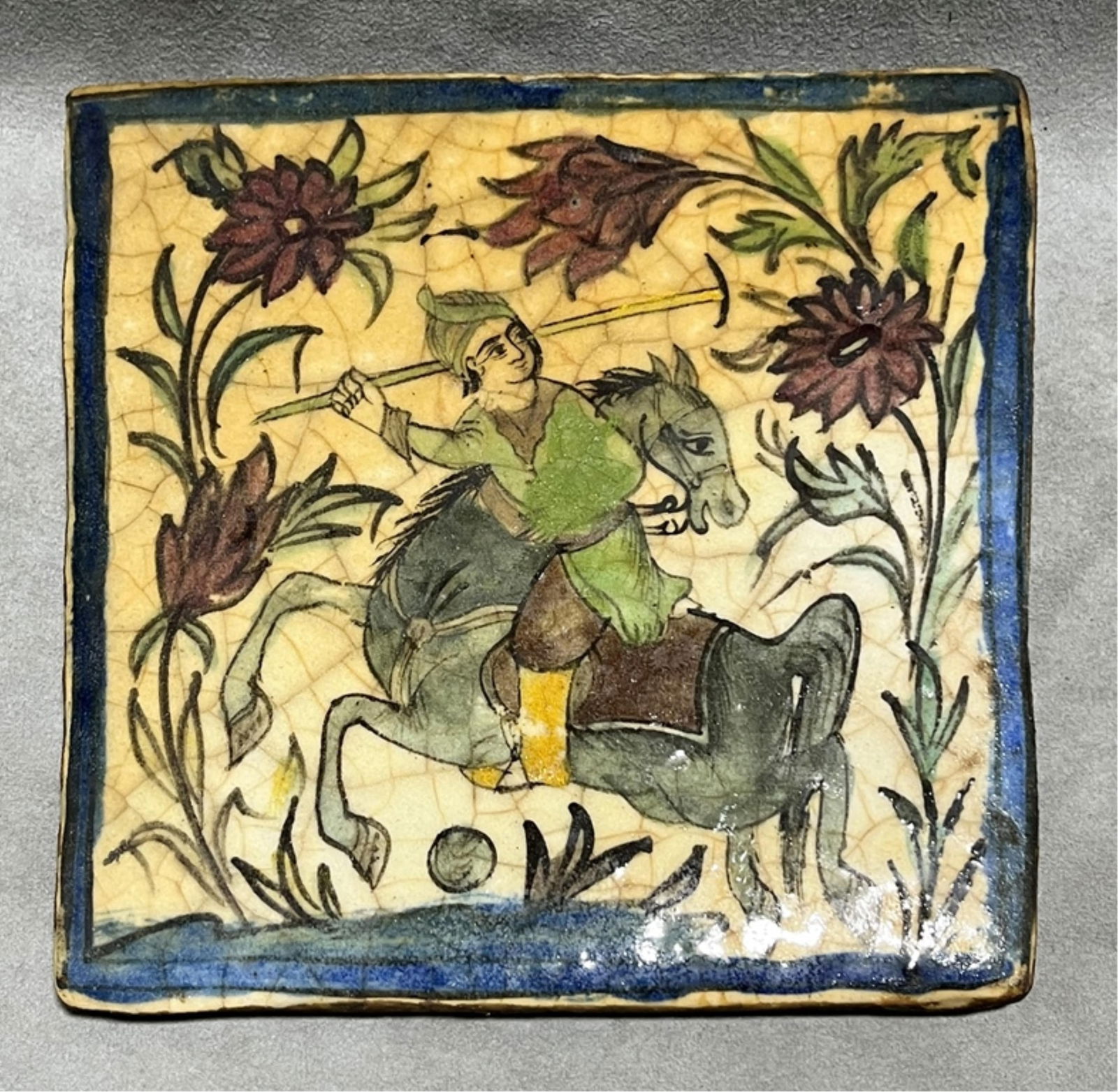 Glazed Decorated Persian (Qajar style) Ceramic Tile, 8 x 7.5 inches (1 of 7)