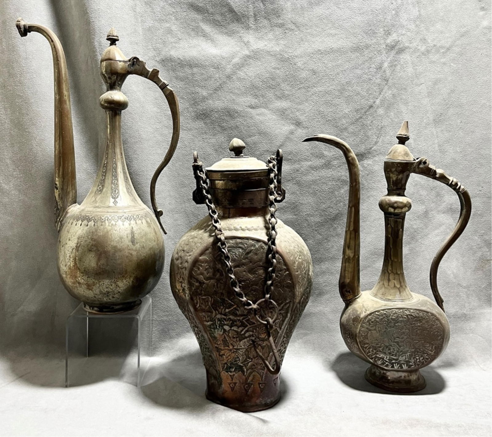 Middle Eastern metal heavily decorated ewers, Qajar Persian and Ottoman traditions, Height: 20.5 (1 of 19)