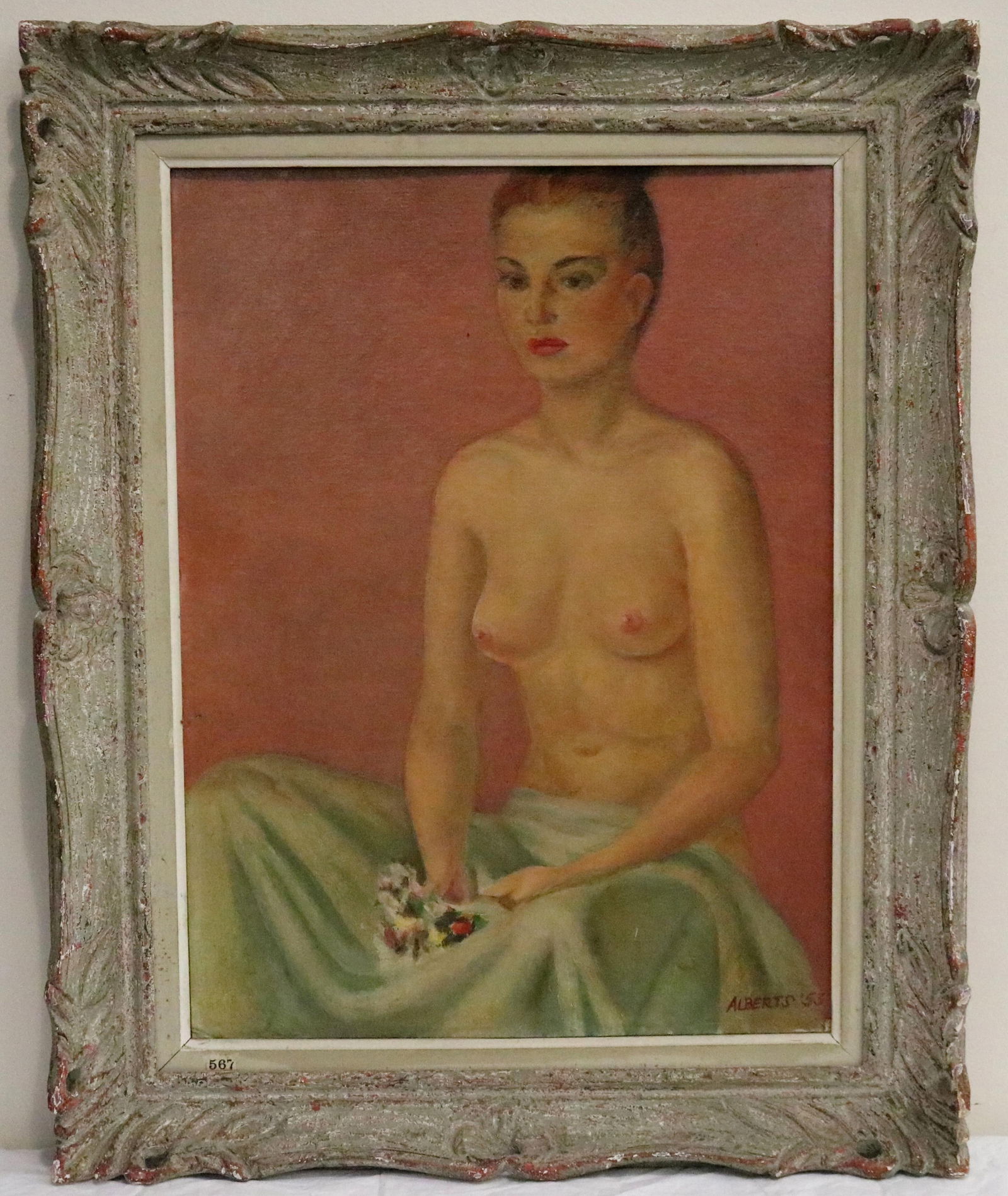 Bruno Alberts (ATTRIBUTED), American 1888-1970, Seated Nude with Flowers, 1955, 23 x 17 inches: BRUNO ALBERTS (ATTRIBUTED)American, 1888-1970Seated Nude with Flowers, 1955oil on board. Signed “ALBERTS 55” lower right. Framed.23 x 17 inches (excluding frame)