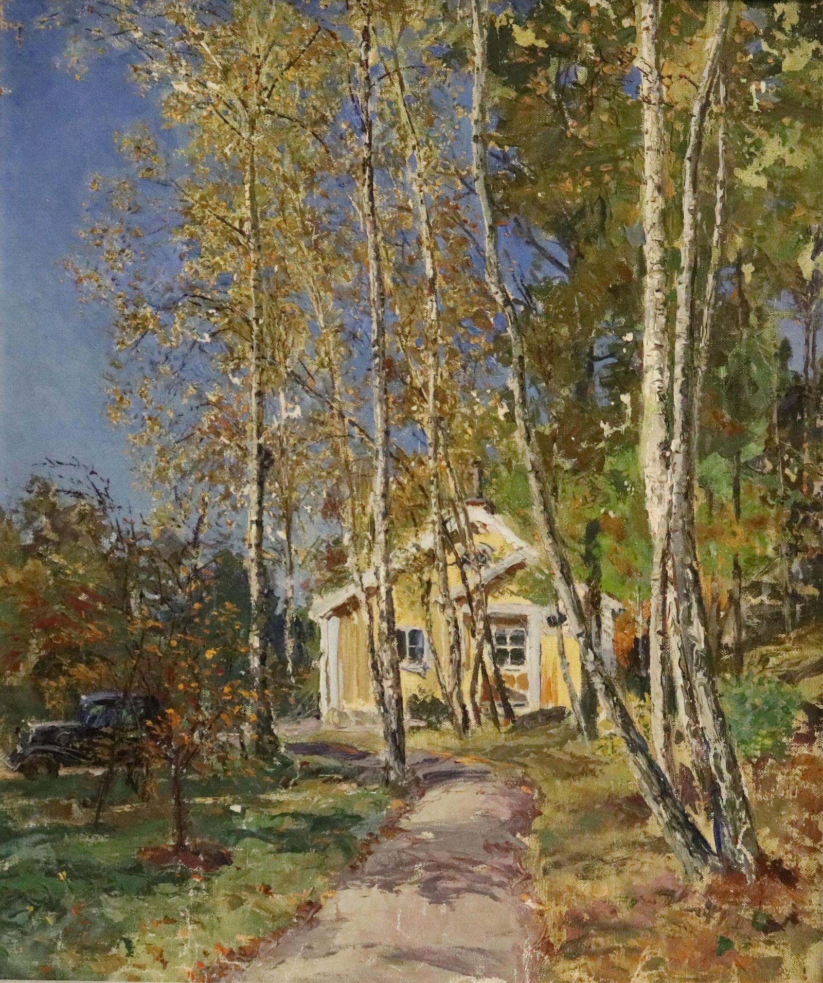 American School , 20th century, Rustic Yellow House Nestled Among Birch Trees, 16 x 22 inches: AMERICAN SCHOOL20th centuryRustic Yellow House Nestled Among Birch TreesOil on canvas. Unsigned. Framed.16 x 22 inches (excluding frame)