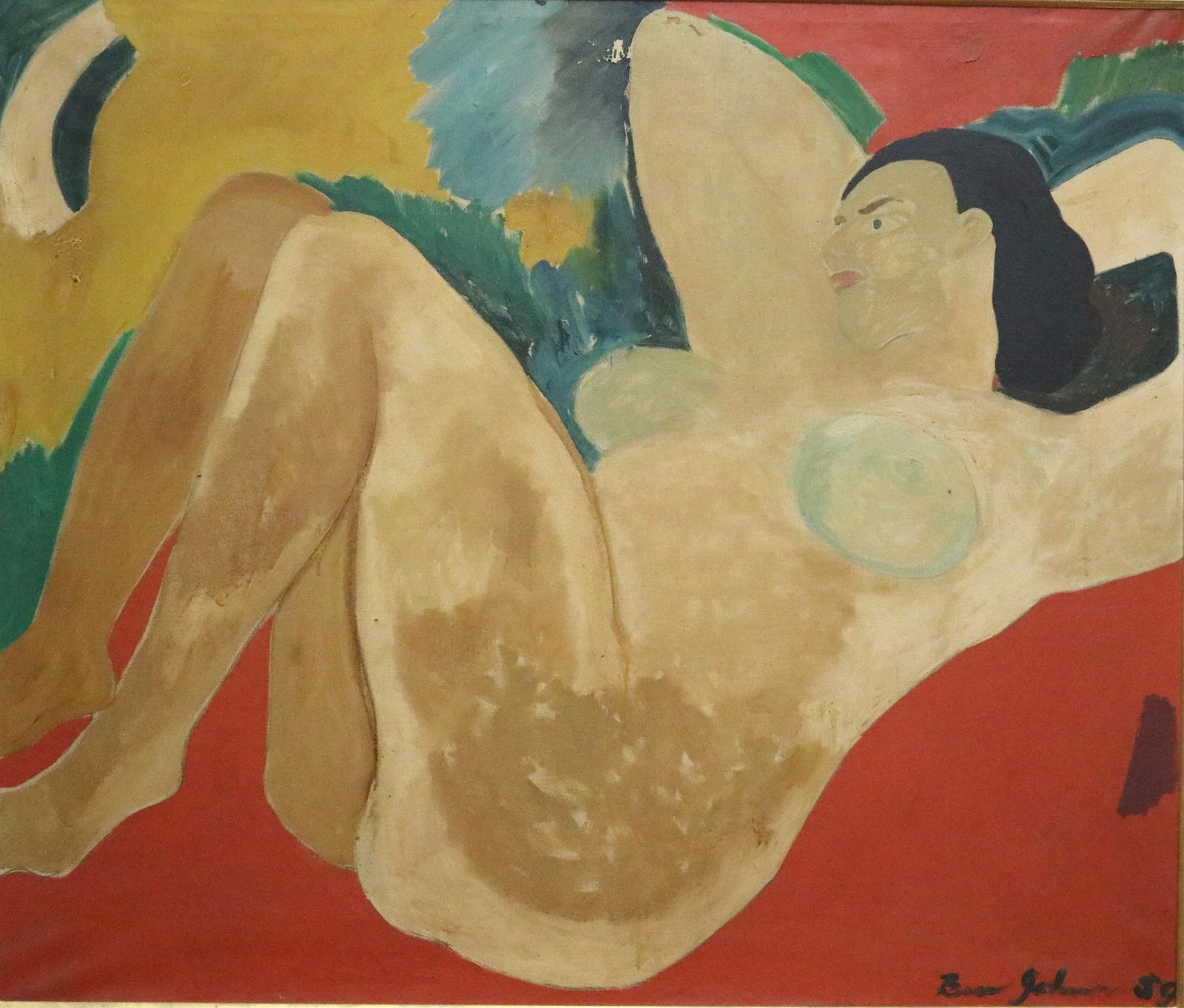 Ben (Franklin) Johnson, American 1902-1967, Reclining Nude on Red, 1959, 42 x 49 inches; frame: 48 x: BEN (FRANKLIN) JOHNSONAmerican, 1902-1967Reclining Nude on Red, 1959Oil on canvas. Signed and dated lower right. Vibrant composition with a high-contrast palette—specifically the interplay between t