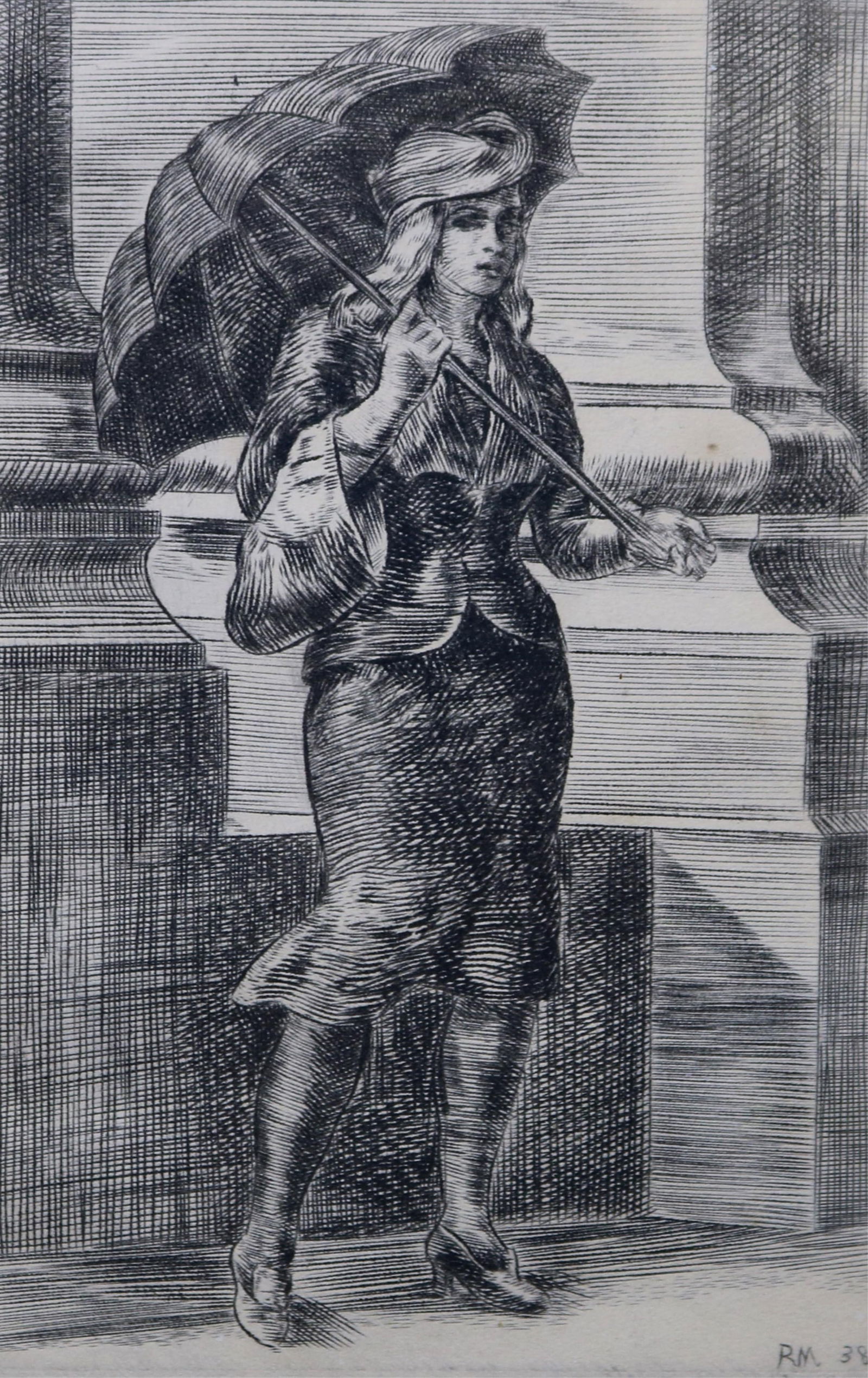 Reginald Marsh, American 1898-1954, Girl with Umbrella, 1938, engraving, Plate: 14.8 x 10 cm (5 (1 of 10)