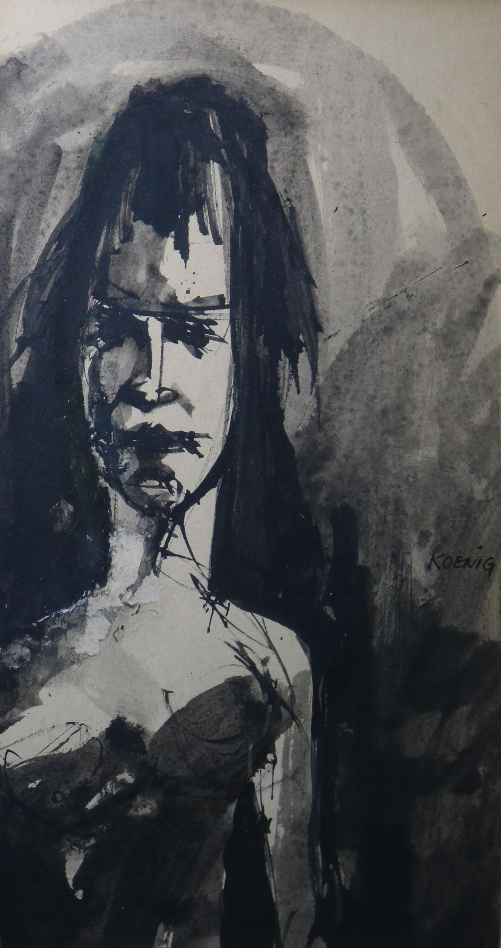 John S Koenig, American / New Mexico 1927 - 2017, Lady's Portrait in a Black Dress, Ink wash and (1 of 8)